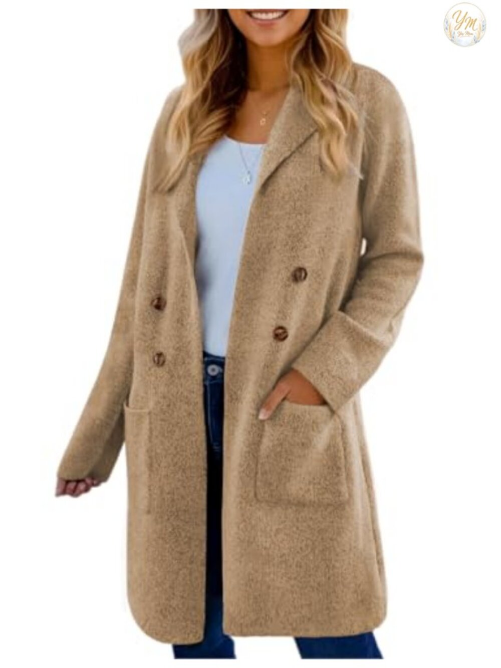 Open Front Long Cardigan Sweater with Notch Lapel & Pockets for Layering